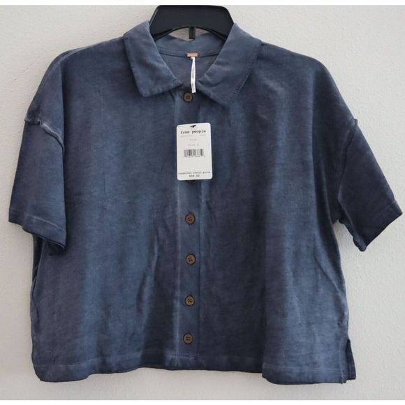 Free People OB1089303 Womens Sz S Navy Weekend Rush Button Down Collared Top - Picture 1 of 7